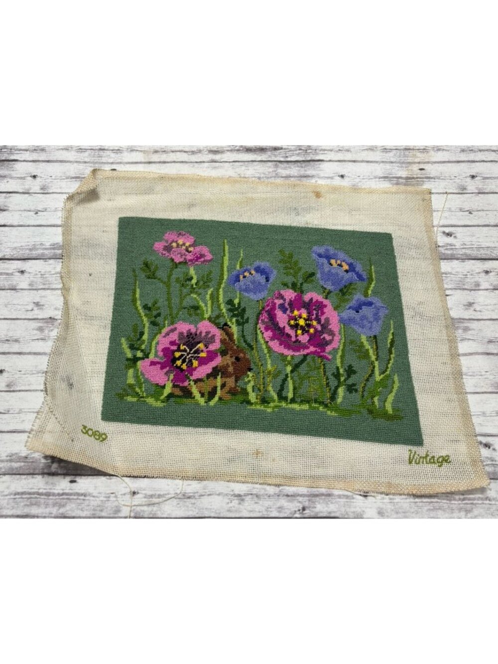 Original Vintage Hand Embroidery Yarn Needlepoint Pansies Floral 14x17" Unframed